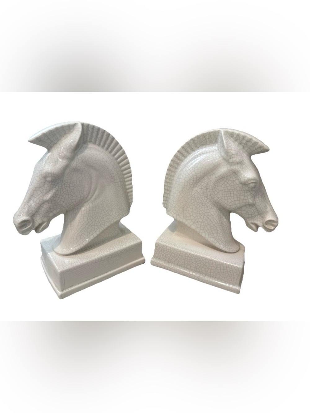 Vintage Ceramic Horse Head Bookends in Crackle White Glaze